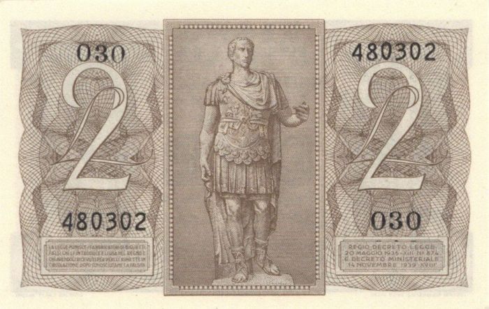 Italy - 2 Lire - P-27 - 1939 dated Foreign Paper Money