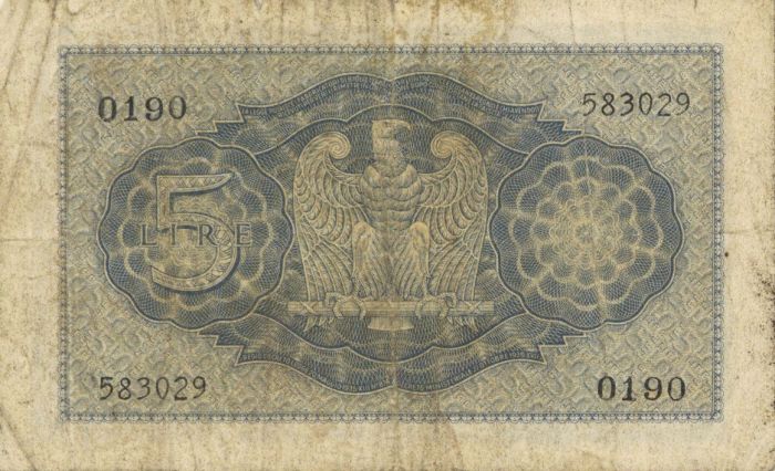 Italy - 5 Lire - P-28 - 1940 dated Foreign Paper Money