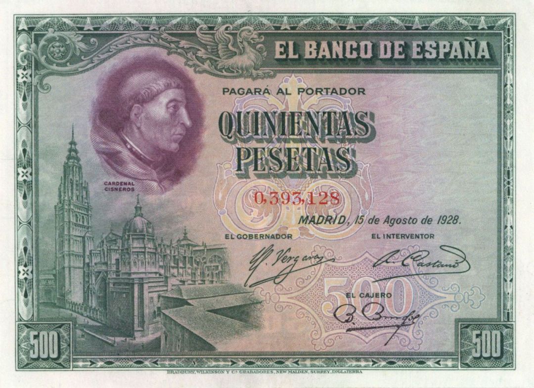 Spain - 500 Pesetas - P-77 - 1928 dated Foreign Paper Money