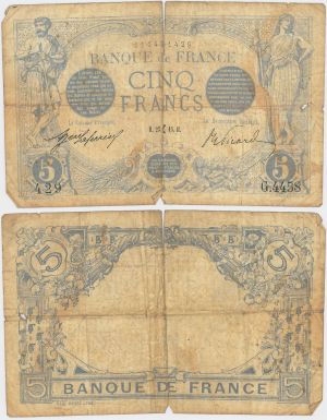 France - 5 Francs - P-70 - dated - 2.1.1912-2.2.1917 -  Foreign Paper Money