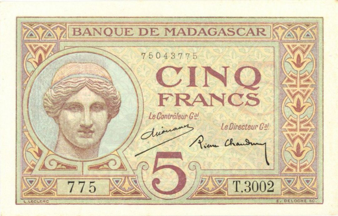 Madagascar - 5 Francs - P-35 - 1937 dated Foreign Paper Money