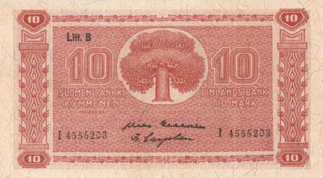 Finland - 10 Finnish Markka - P-85 - 1945 dated Foreign Paper Money