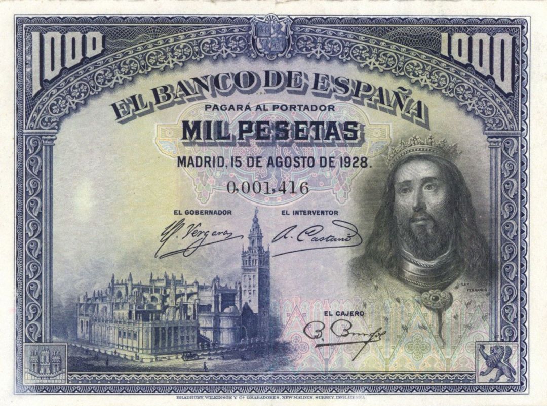 Spain - 1000 Pesetas - P-78a -  1928 dated Foreign Paper Money