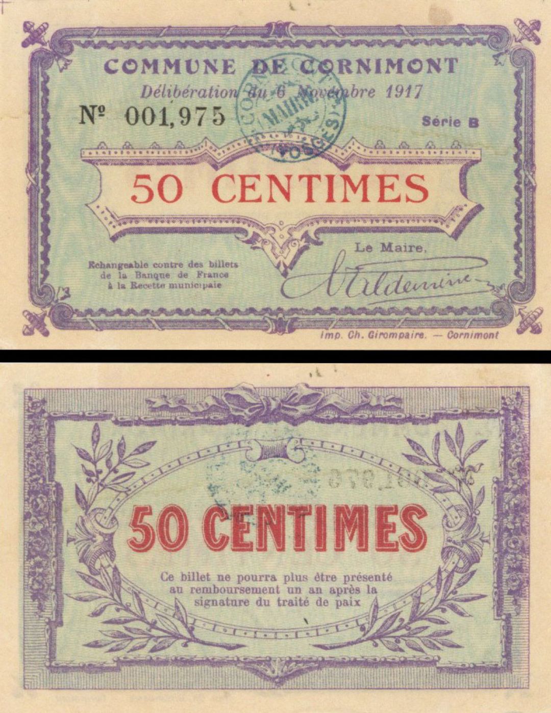 France, Notgeld - 1917, 50 Centimes -  Foreign Paper Money