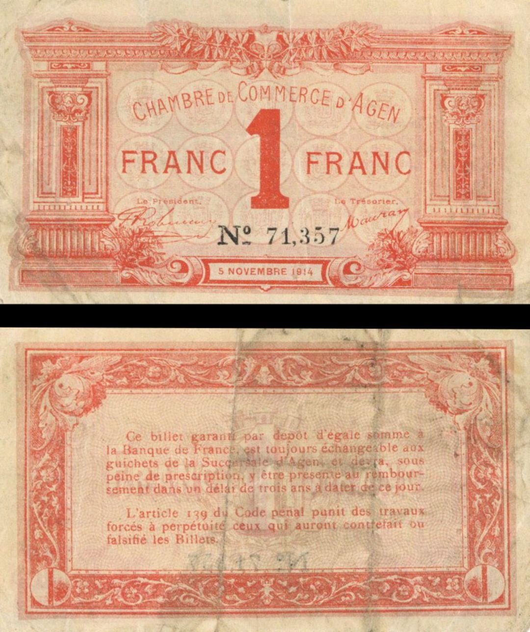 France, Notgeld - 1914, 1 Franc -  Foreign Paper Money