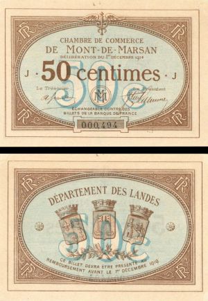 France, Notgeld - 1914, 50 Centimes -  Foreign Paper Money