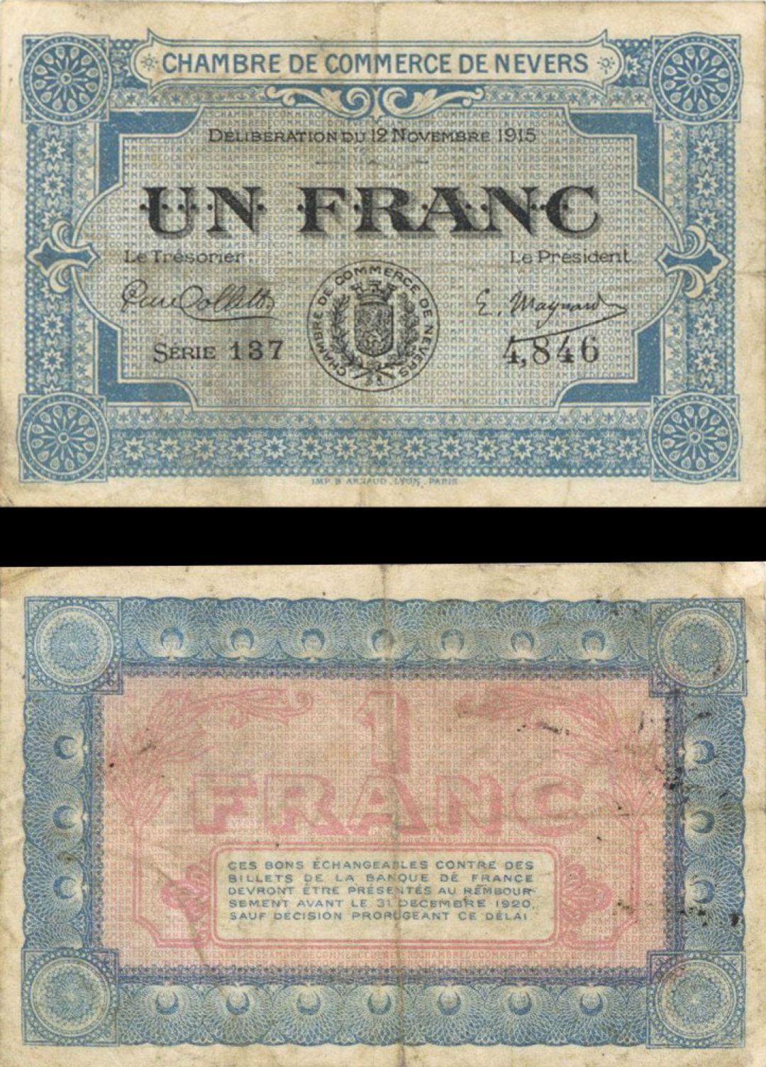 France, Notgeld - 1915, 1 Franc -  Foreign Paper Money