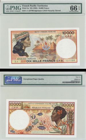 French Pacific Territories - P#4a - 10,000 French Francs - PMG Graded 66 - 1985 dated Foreign Paper Money