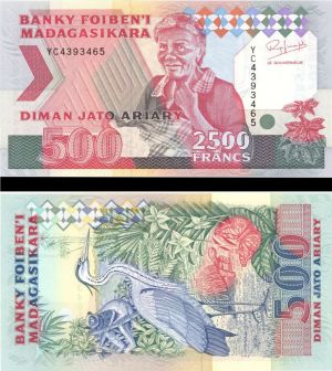 Madagascar - 2500 Francs/ 500 Ariary- P-72A - 1993 dated Foreign Paper Money