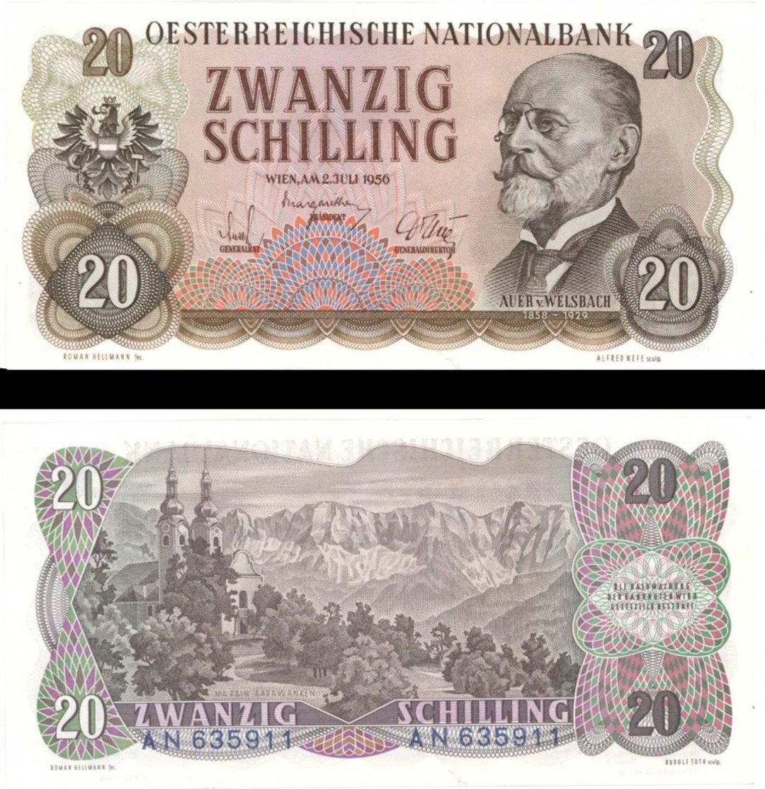 Austria - 20 Shillings - P-136 - 1956 dated Foreign Paper Money