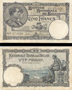 Belgium - 5 Francs - P-93 - 21.10.25 dated - Foreign Paper Money