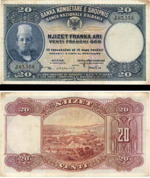 Albania - 20 Franka ARI - P-3a - ND(1926) dated Foreign Paper Money