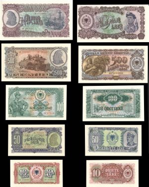 Albania Set of 5 Notes - 10, 50, 100, 500 and 1,000 Leke - P-28-32 - 1957 dated Foreign Paper Money