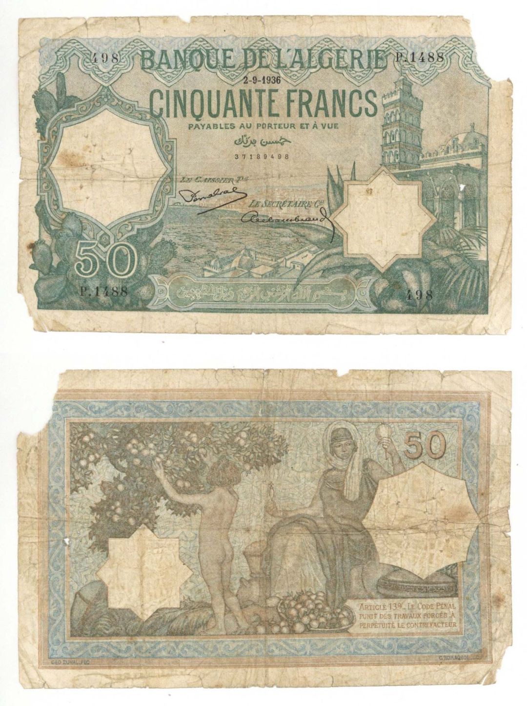 Algeria - 50 Francs - P-80a - 1936 dated Foreign Paper Money