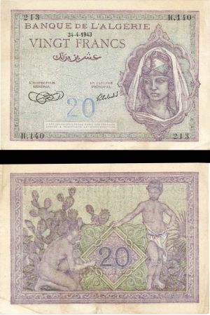 Algeria - 20 Francs - P-92a - 1942-44 dated Foreign Paper Money