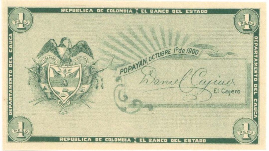 Colombia - 1 Peso - P-S504e - 1900 dated Foreign Paper Money