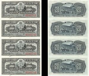 Cuba - Block of 4-20 Centanos - P-53 - 15.2.1897 dated Foreign Paper Money