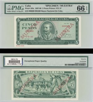 Cuba PMG Grade 66 Specimen - 5 Pesos - P-103s - 1967-90 dated Foreign Paper Money