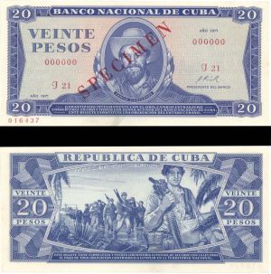 Cuba Specimen - 20 Pesos - P-105a - 1971 dated Foreign Paper Money