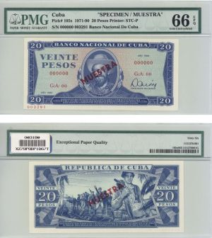 PMG Grade 66 Cuba Specimen - 20 Pesos - P-105s - 1971-90 dated Foreign Paper Money