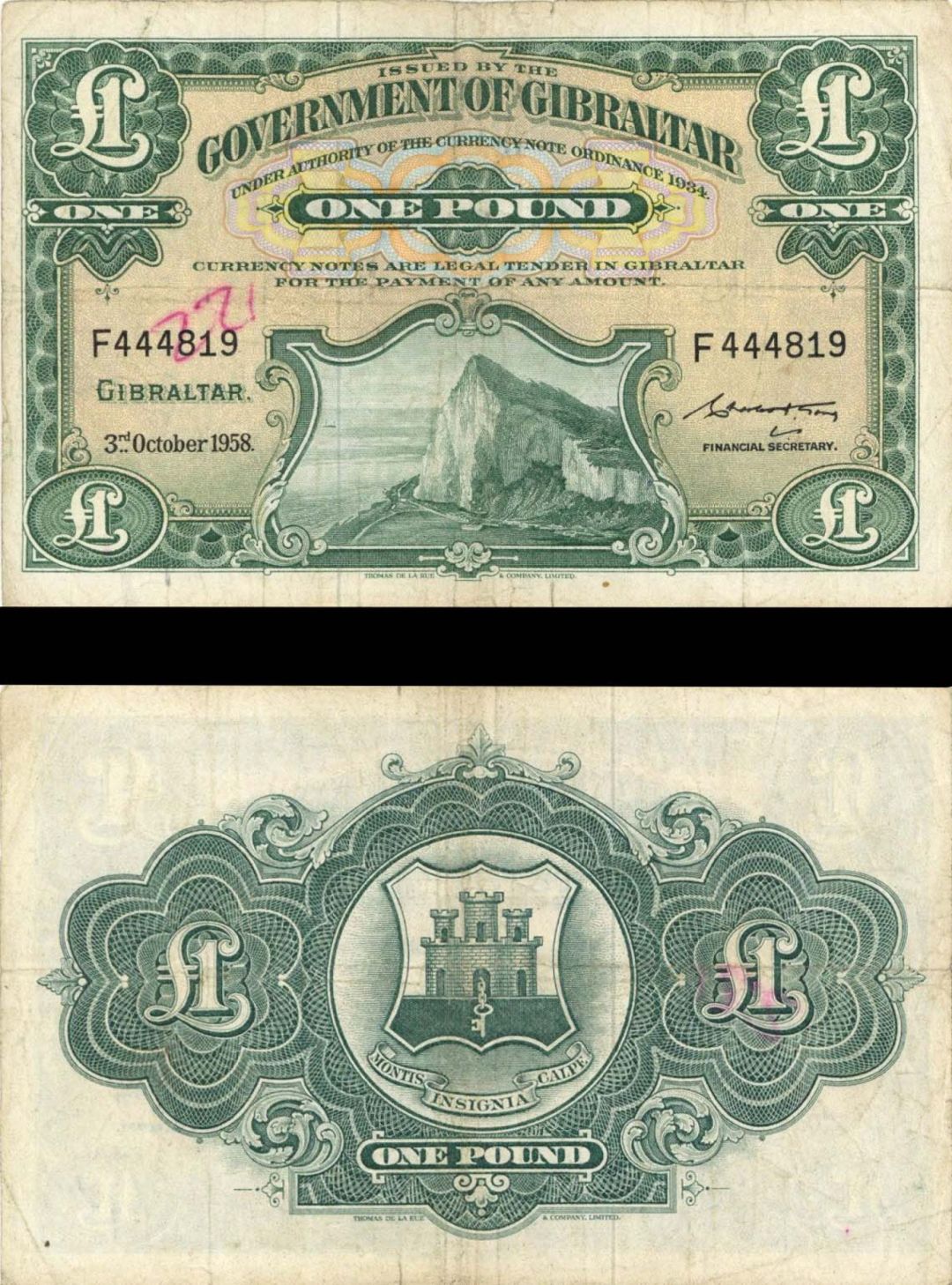 Gibraltar - 1 Pound - P-16c -  1958 dated Foreign Paper Money