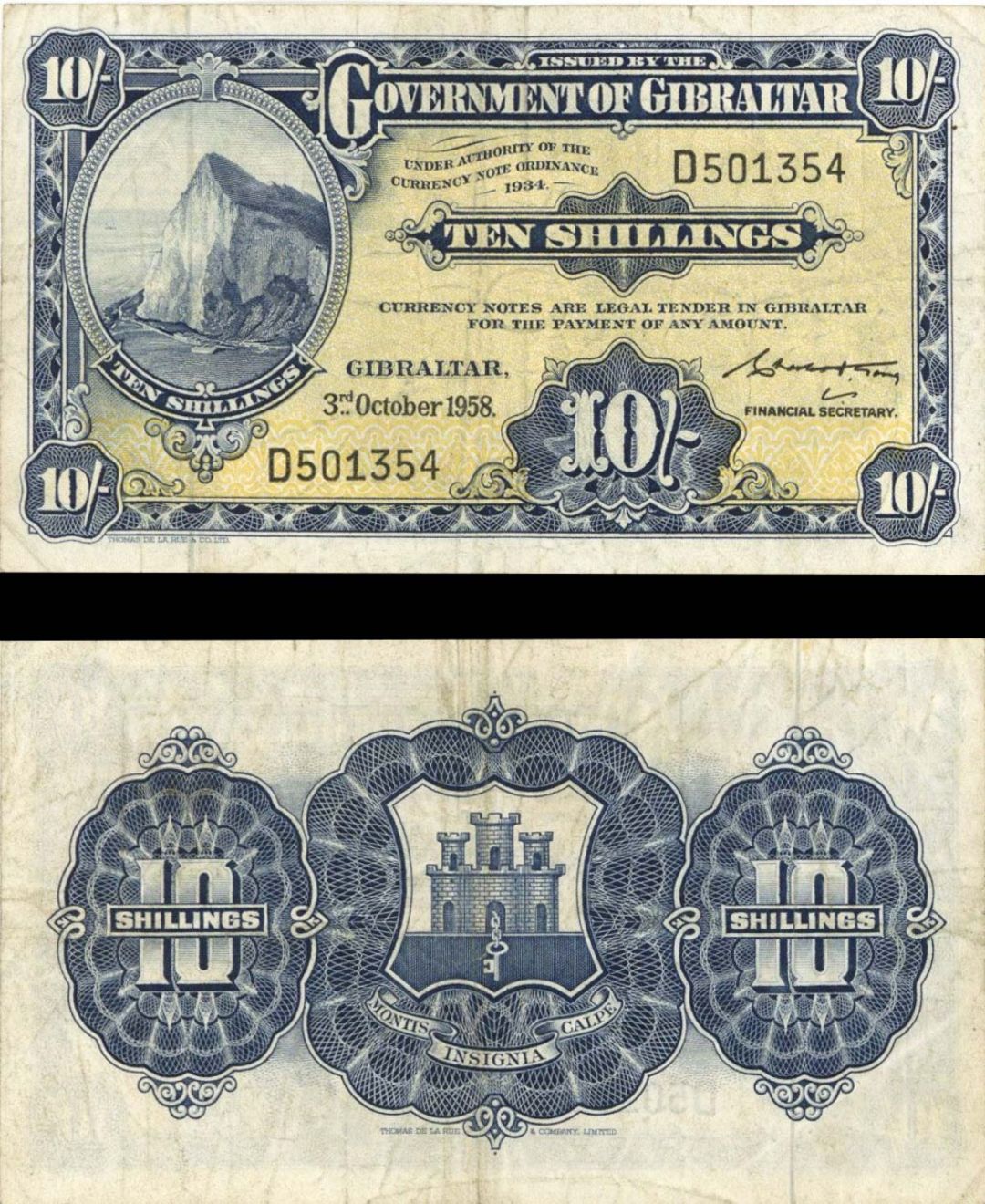 Gibraltar - 10 Shillings - P-17 -  1958 dated Foreign Paper Money