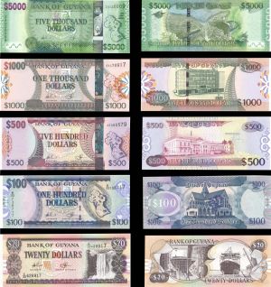 Guyana - 20, 100, 500, 1000 and 5000 Dollars - P-New - Foreign Paper Money