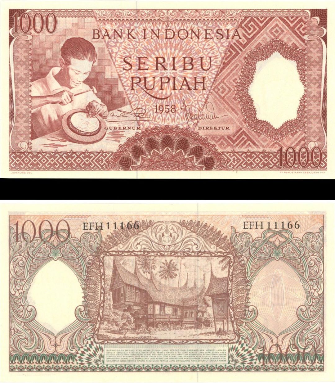 Indonesia - 1000 Rupiah - P-61 - 1958 dated Foreign Paper Money