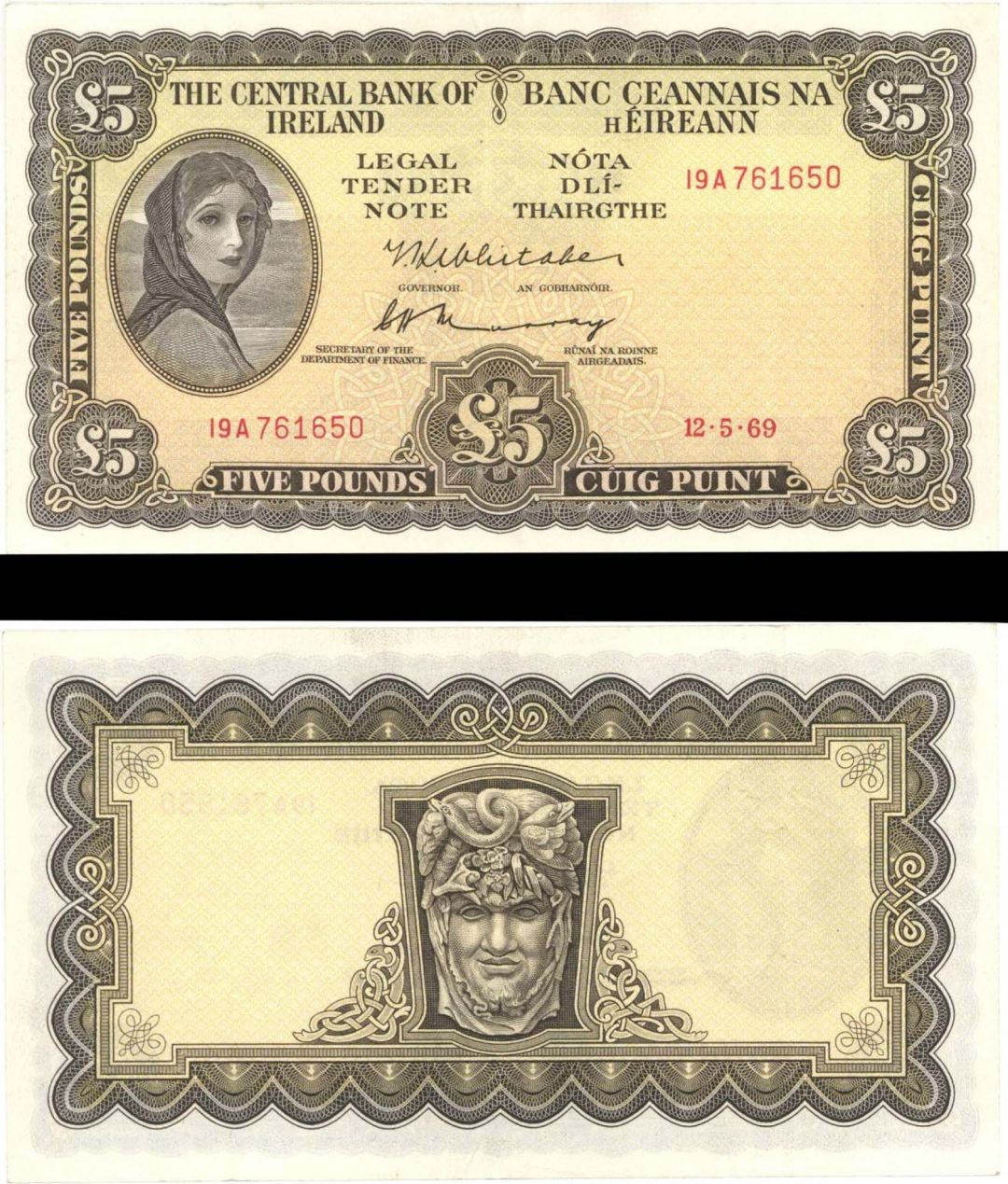 Ireland - 5 Pounds - P-65b - 1969 dated Foreign Paper Money