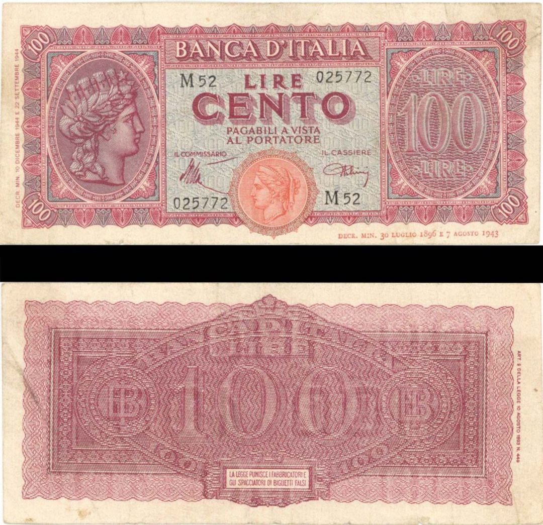 Italy - 100 Lire - P-75 - 1944 dated Foreign Paper Money