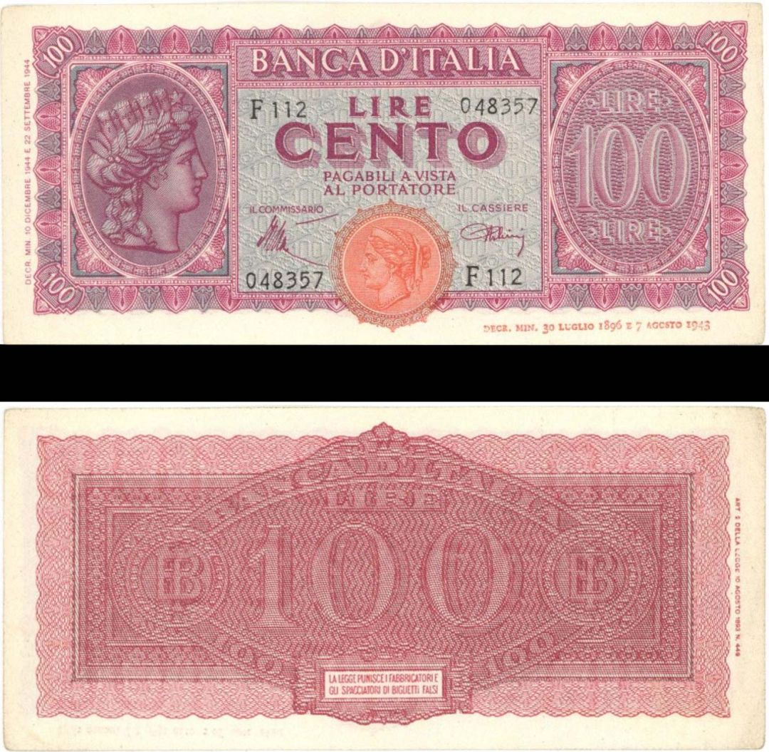 Italy - 100 Lire - P-75a - 1944 dated Foreign Paper Money