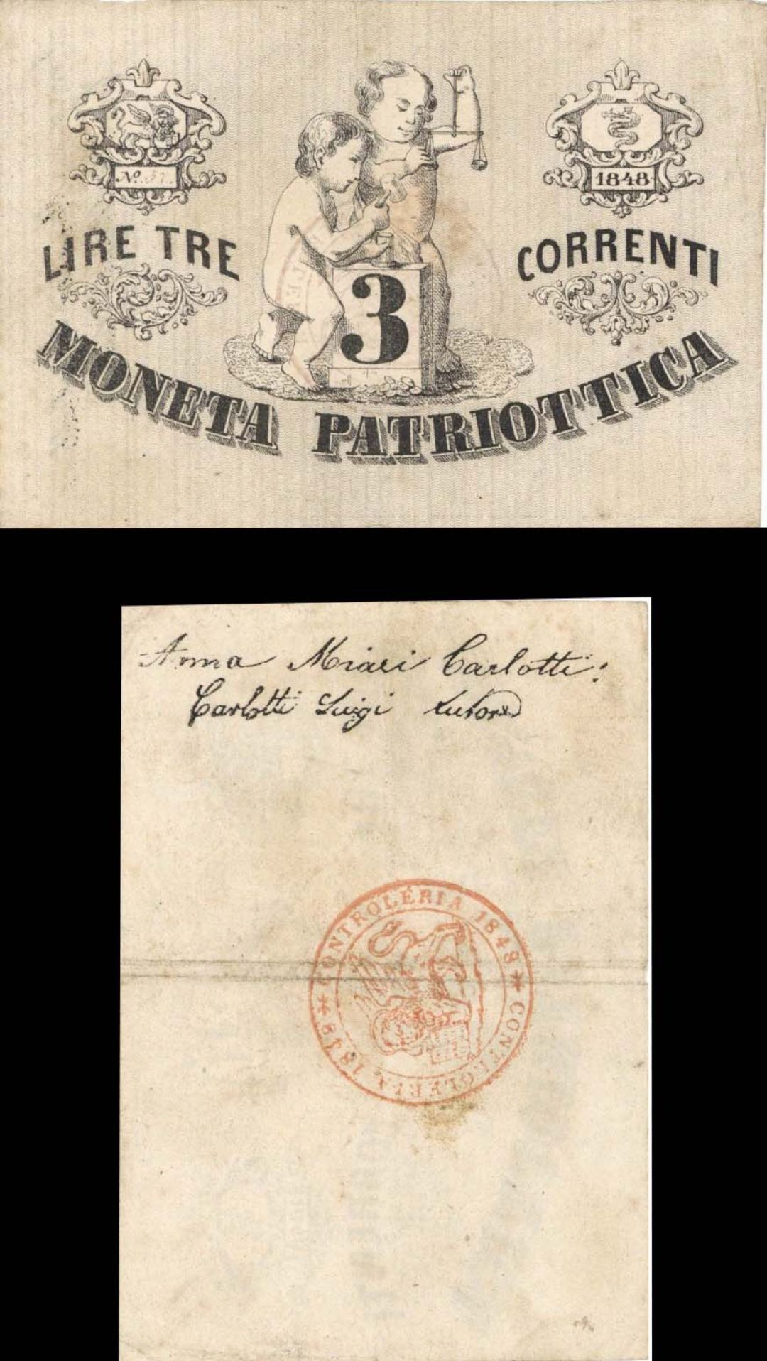 Italy - 3 Lire - P-S187 - 1848 dated Foreign Paper Money