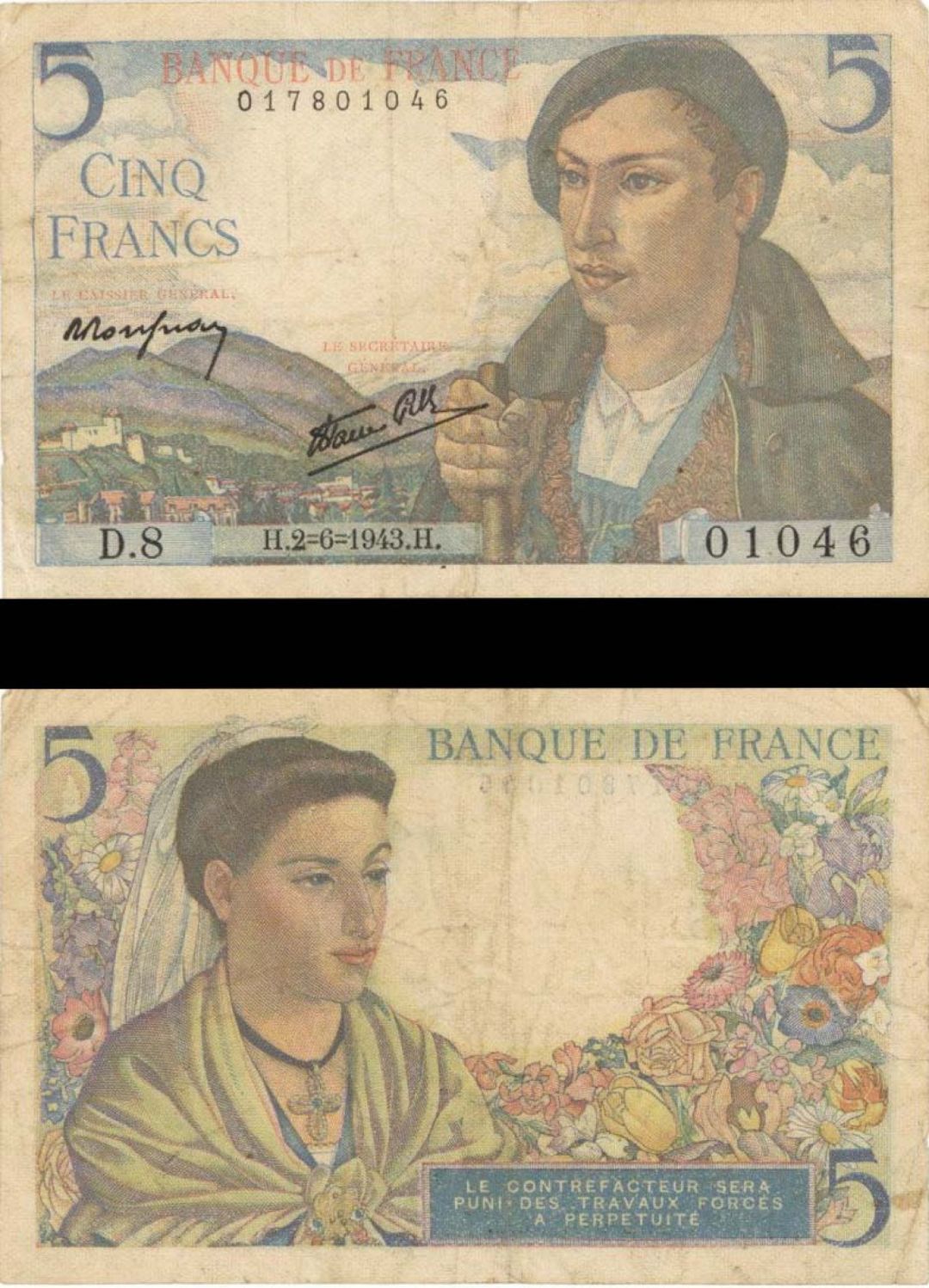 France - 5 Francs - P-98a - 1943 dated Foreign Paper Money