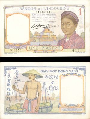 French Indochina - 1 Piastre - P-54b - (1936) dated Foreign Paper Money