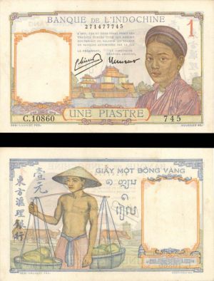 French Indochina - 1 Piastre - P-54d - (1949) dated Foreign Paper Money