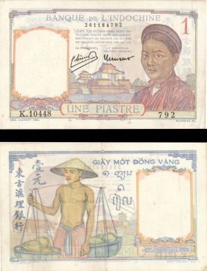 French Indochina - 1 Piastre - P-54e - (1949) dated Foreign Paper Money