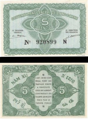 French Indochina - 5 Cents - P-88a - (1942) dated Foreign Paper Money