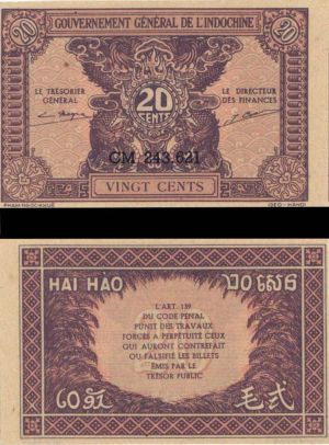 French Indochina - 20 Cents - P-90 - (1942) dated Foreign Paper Money