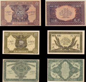 French Indochina - 5, 10 and 20 Cents - P-88a, 89a and 90 - (1942) dated Foreign Paper Money