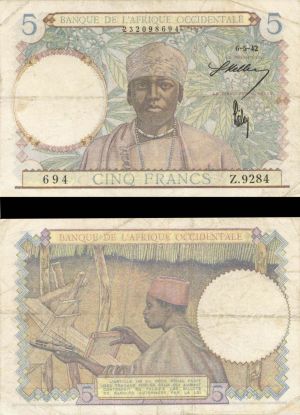 French West Africa - 5 Francs - P-25 - 1942 dated Foreign Paper Money