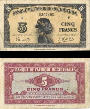 French West Africa - 5 Francs - P-28a - 1942 dated Foreign Paper Money