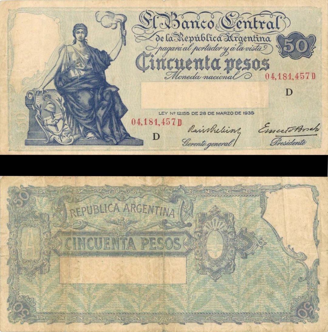 Argentina - 50 Argentine Pesos - P-259 - 1950-51 dated Foreign Paper Money