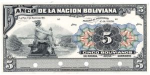 Bolivia - 5 Bolivianos - P-105 - "Proof" - 1911 dated Foreign Paper Money