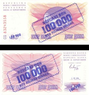 Bosnia-Herzegovina - 100,000 Dinara - P-34a - 1993 dated Foreign Paper Money