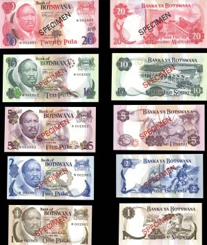 Botswana - Specimen Set of 5 Notes - 1 to 20 Pula - P-CS1-3, 4a, 5a - 1979 dated Foreign Paper Money