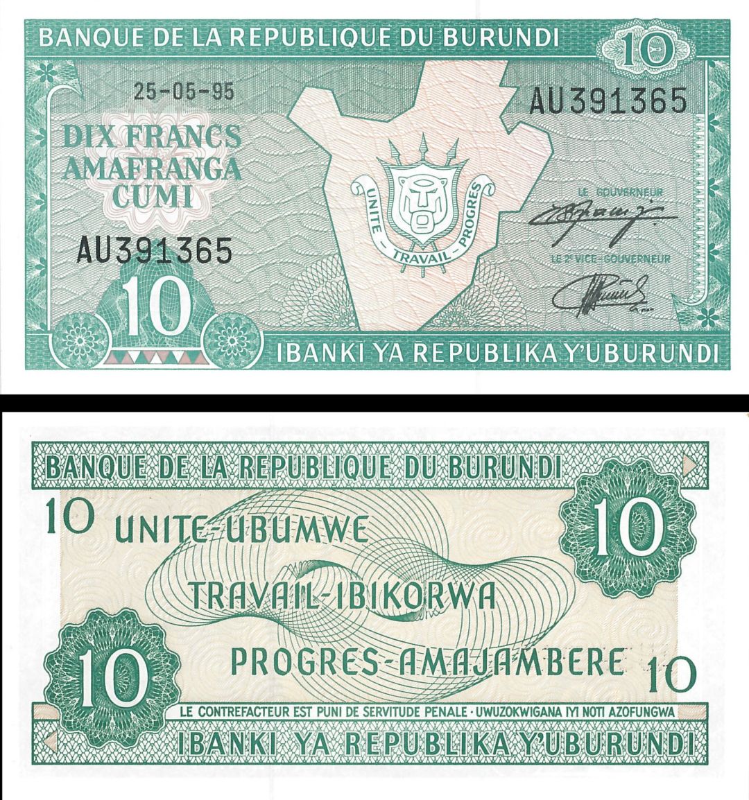 Burundi - 10 Francs - P-33c - 1995 dated Foreign Paper Money