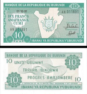 Burundi - 10 Francs - P-33b - 1991 dated Foreign Paper Money