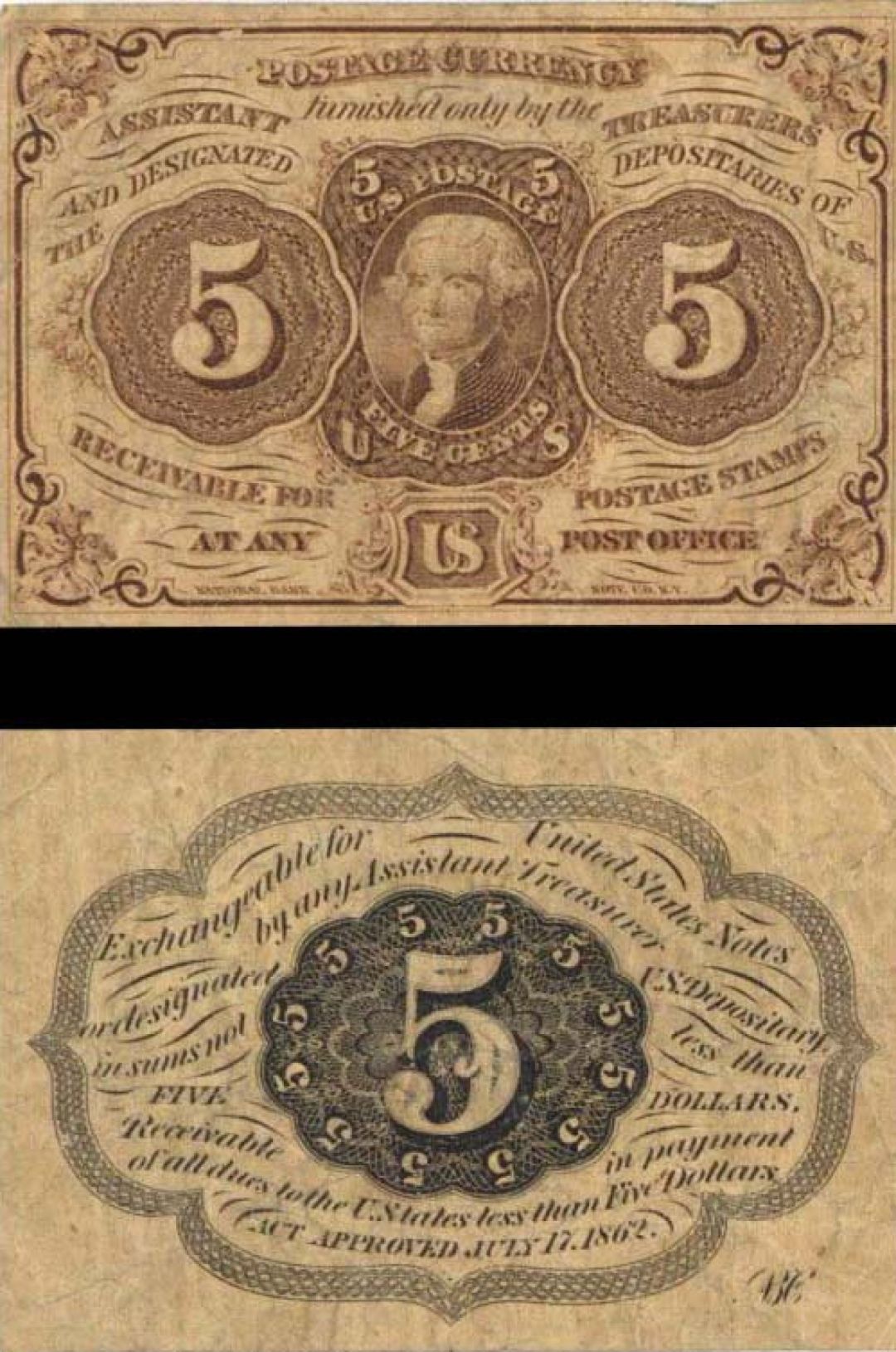 Fractional Currency - FR-1230, 5 cents - 1862 dated Franctional Currency