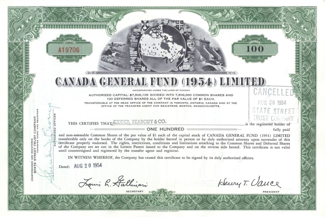 Canada General Fund 1954 Limited - 1950's dated Canadian Stock Certificate