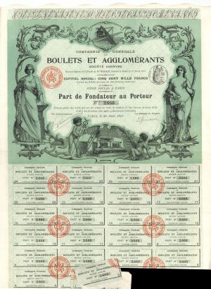 Compagnie Generale de Boulets Et Agglomerants - 1912 dated Stock Certificate